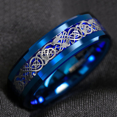 Men 8mm Beveled Edge Comfort-Fit Blue Silver Celtic Dragon Tungsten Wedding Band